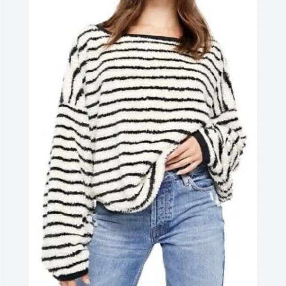 Free People Sweaters - Free People Breton Stripe Sherpa Cropped Pullover Sweater Sz Small *E4